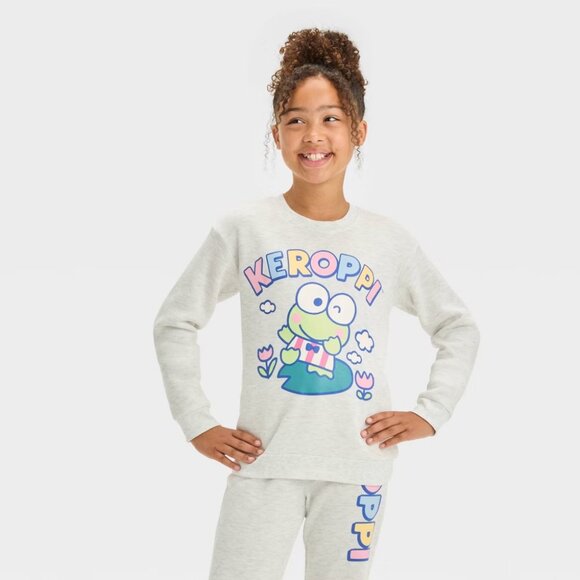 NEW Girls' Sanrio Keroppi Dreamy Fleece Crew Neck Pullover Sweatshirt - Oatmeal - Picture 1 of 10
